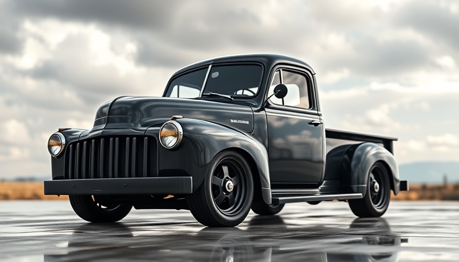 Custom black pickup with geometric design under cloudy sky.