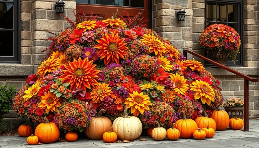 Colorful fall container with pumpkins and flowers at stone building entrance.