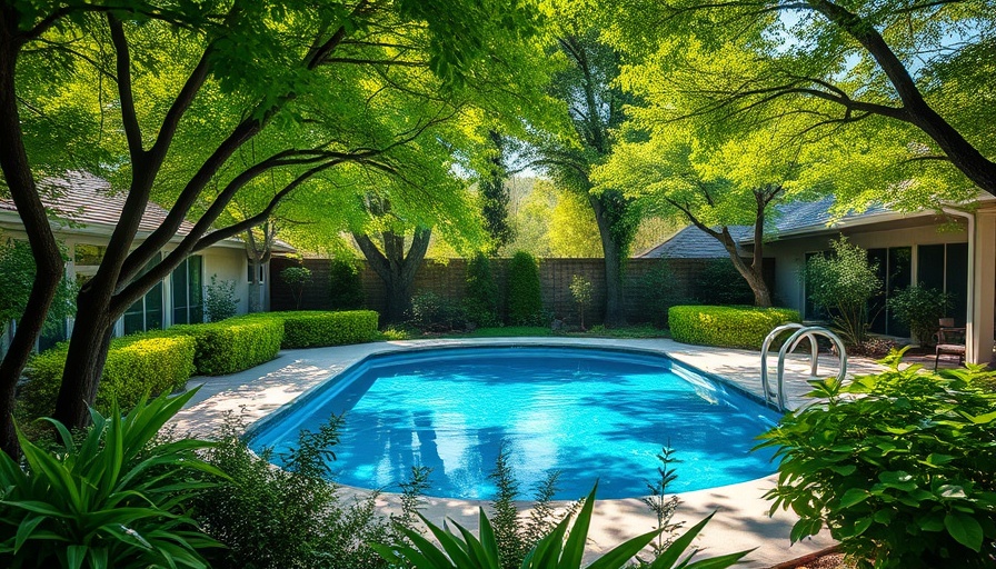 Backyard pool area surrounded by lush trees and shrubs, serene atmosphere.