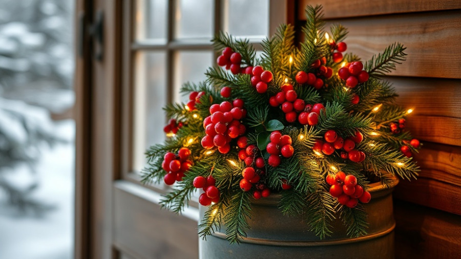 Creative Christmas porch planter with fairy lights and festive decor.