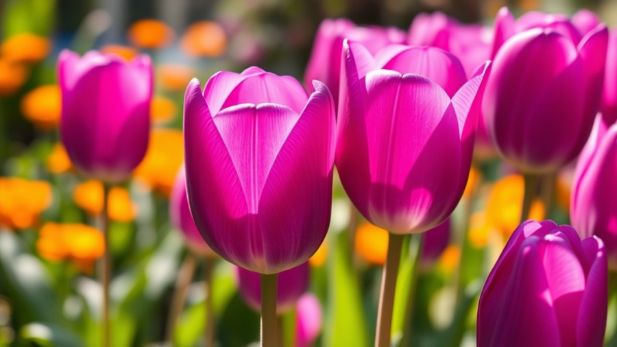 Purple tulips blooming in a sunlit spring garden with vibrant colors.