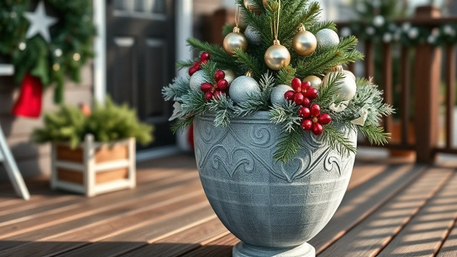 Elegant Christmas planters with frosted branches and ornaments.