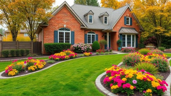 Suburban house with vibrant fall garden showcasing maintenance tips.