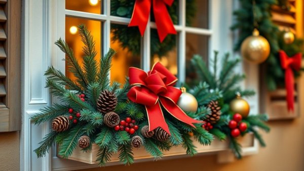 Christmas window box planters with red berries and pinecones.