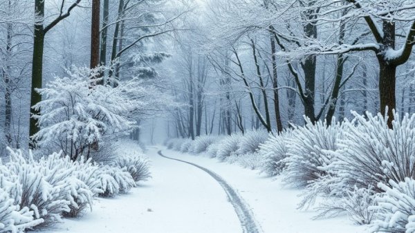 Snow-covered trees and shrubs on a serene winter pathway.