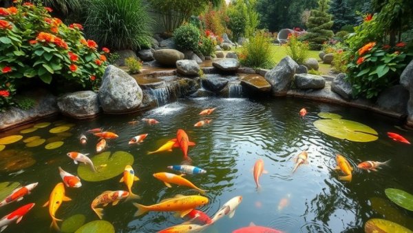 Serene Koi Pond with Lush Flowers and Waterfall