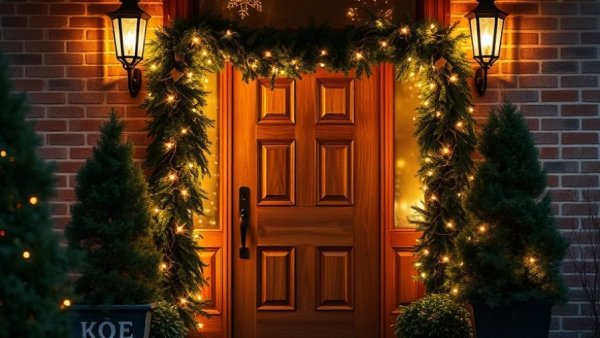 Festive entrance with decorative holiday lighting installation services.
