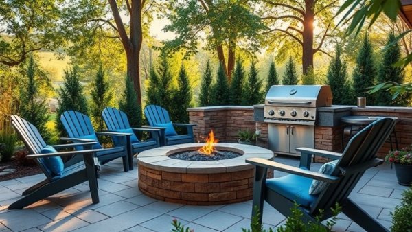 2026 outdoor living trends; stylish patio with fire pit and grill.