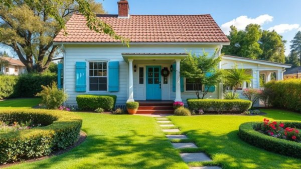 Charming house with manicured lawn and blue shutters, related to organic lawn fertilization schedule winter to spring.