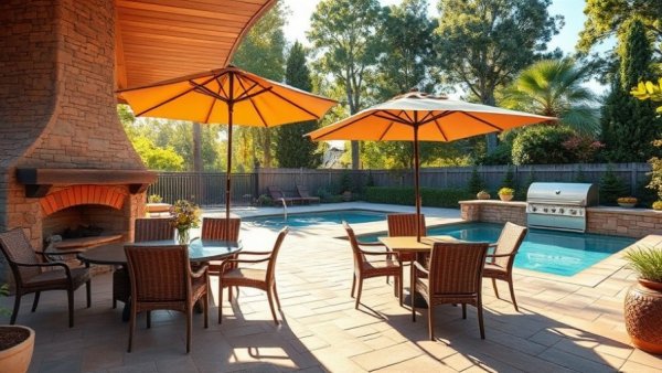 Hardscape masonry ideas for backyard renovation with patio and fireplace.