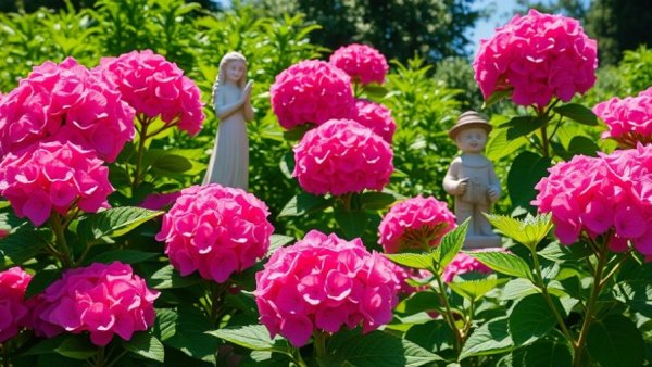 Charming garden with pink hydrangeas and statue, vibrant bloom.