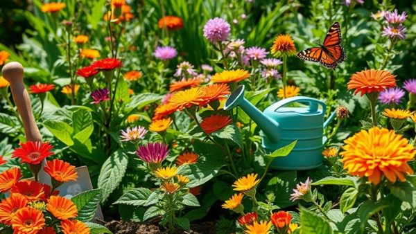 Detox Your Garden: Lush green garden with tools and butterfly.