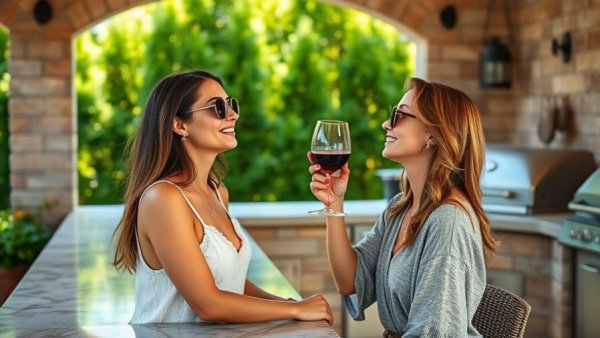Charming outdoor kitchen design ideas with woman enjoying a drink.