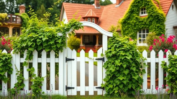 Charming white picket fence gate in lush garden setting, Best Garden Gate Ideas.