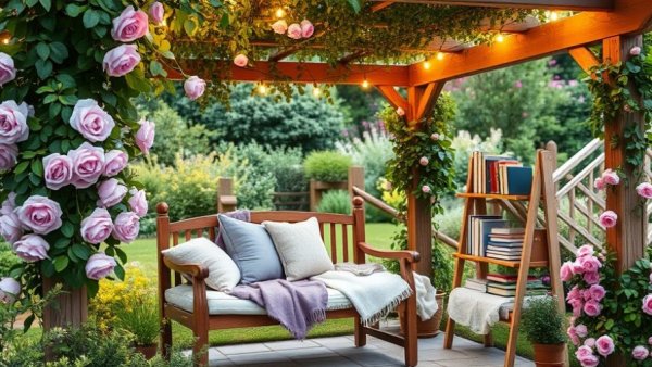 Cozy pergola reading nook in a lush garden with flowers and books.