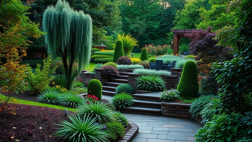 Lush sustainable landscaping garden in Northeast US with vibrant foliage and warm lighting.