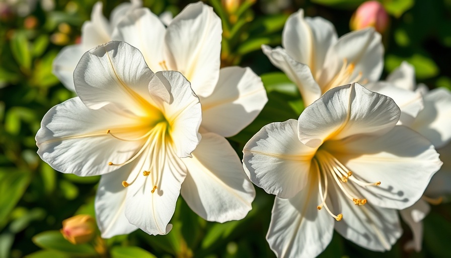 White rhododendron flowers close-up, focus on petals and greenery.