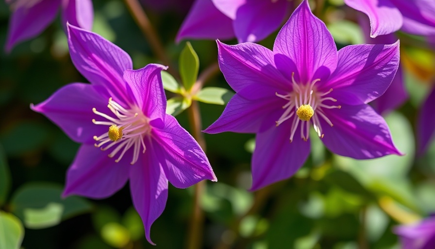 Close-up of purple clematis flowers with soft green background.