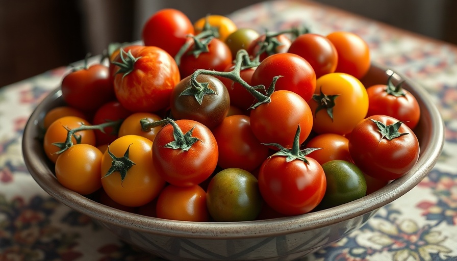 Assorted heirloom cherry tomatoes in a bowl on a patterned cloth.