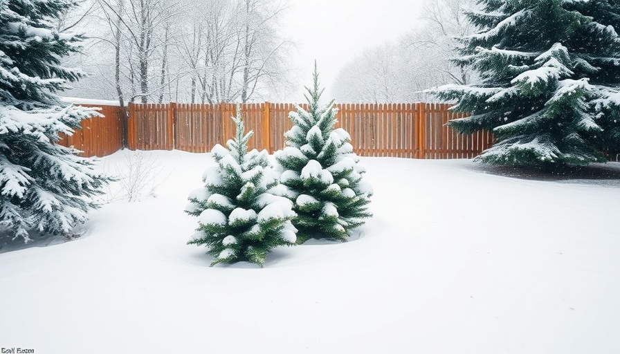 Serene snow-covered yard with a wooden fence and snow-dusted trees