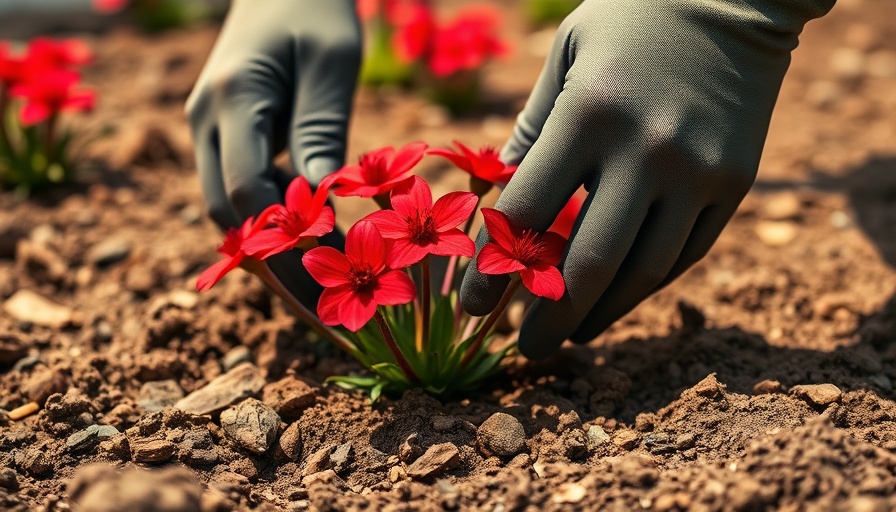 Close-up of hands planting flowers using natural fertilizers for gardening.