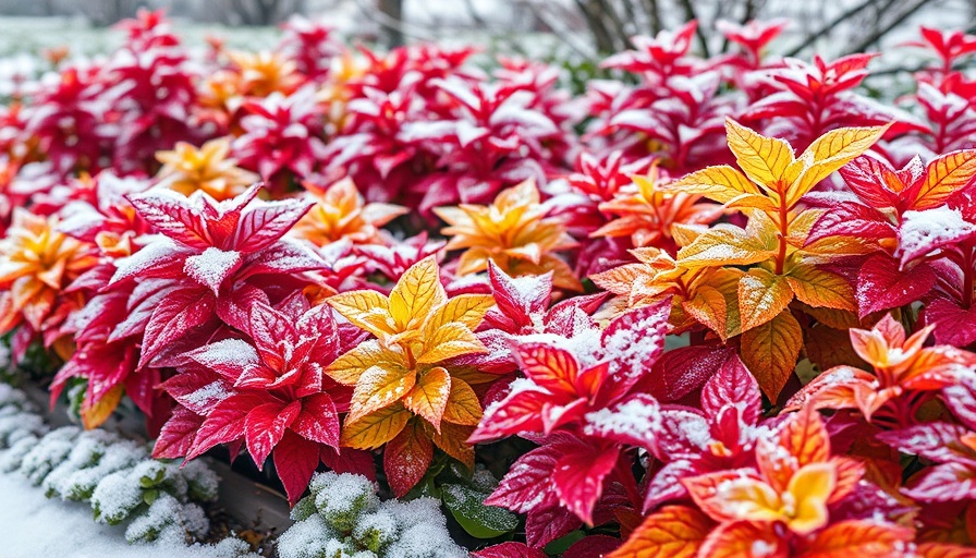 Colorful winter garden with snowy plants on Long Island.