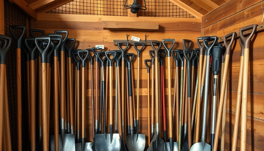 Clean garden tools neatly organized in a wooden shed.