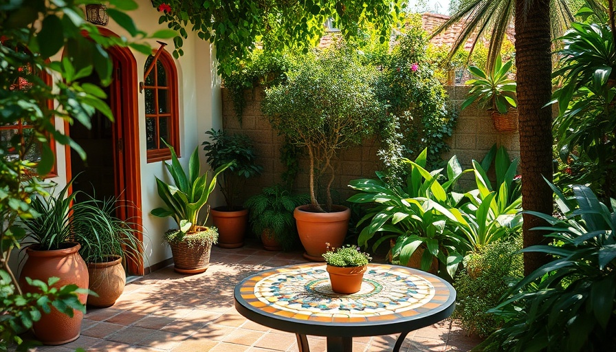 Cozy outdoor space with mosaic table and chairs, lush greenery around.