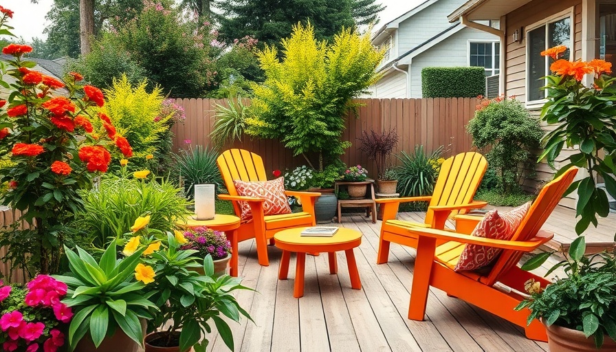 Lush garden patio with vibrant plants and bright furniture.