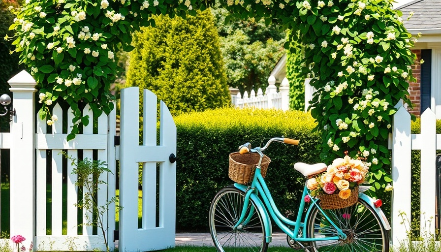 Garden trellis ideas with a vintage bicycle and floral arch.