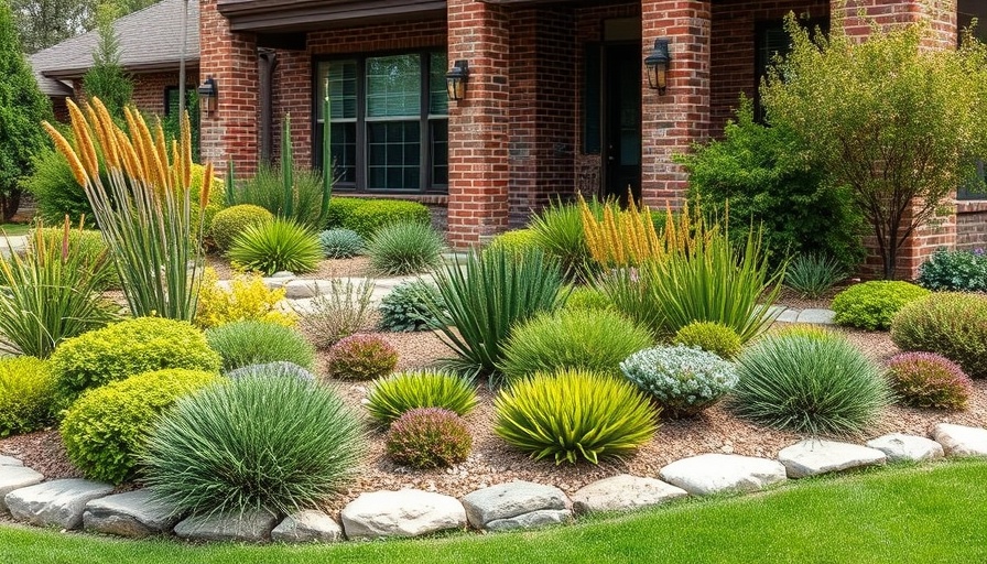 Vibrant xeriscaping front yard with diverse plants.