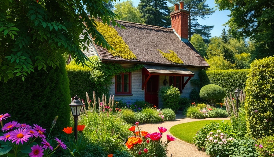 Charming cottage garden showcasing year-round landscaping ideas.