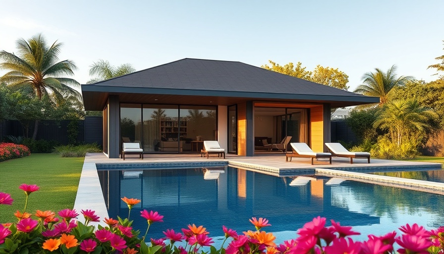 Modern poolside landscape with sleek pool house and lush garden.