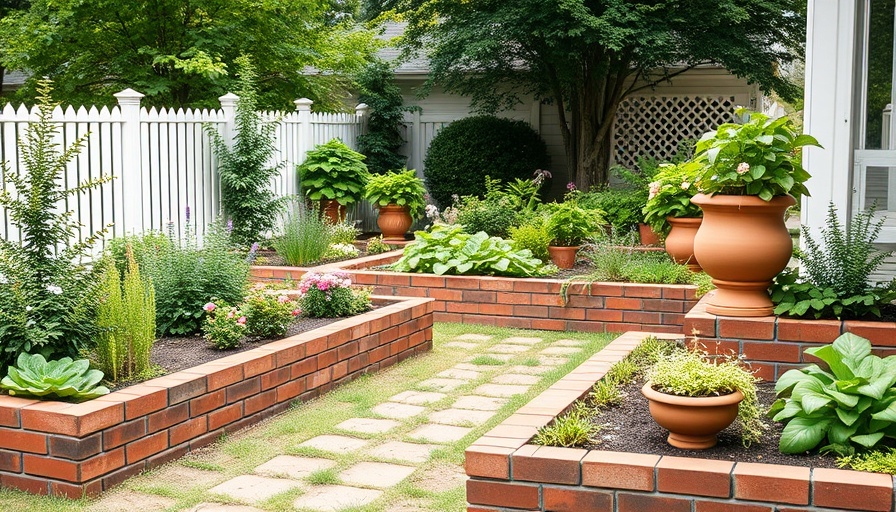 No-grass backyard with brick raised beds and terracotta pots.