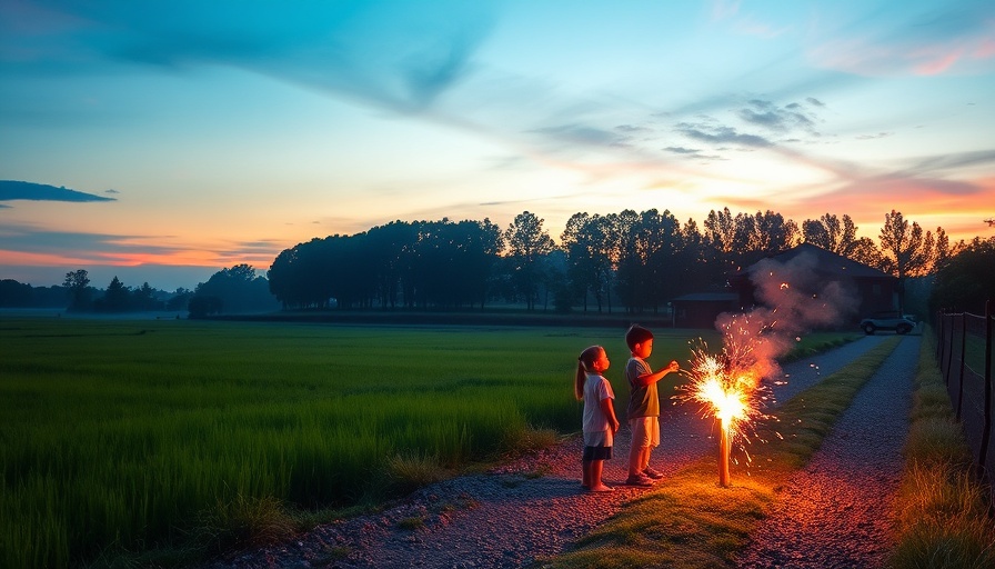 Rural landscape at dusk with children and firecracker, cinematic scene