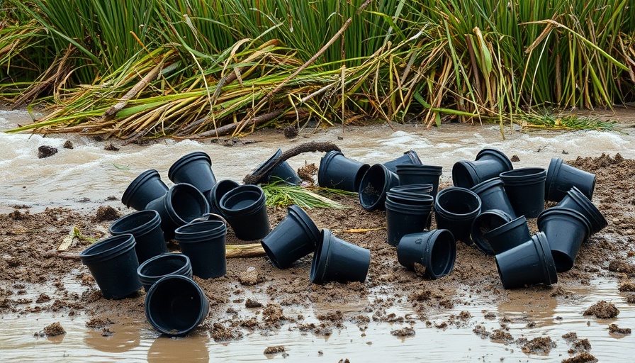 Hurricane Helene impact on horticulture, scattered plant pots.