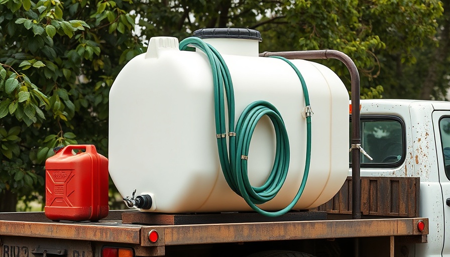 Portable watering system on truck bed with tank and hose setup.