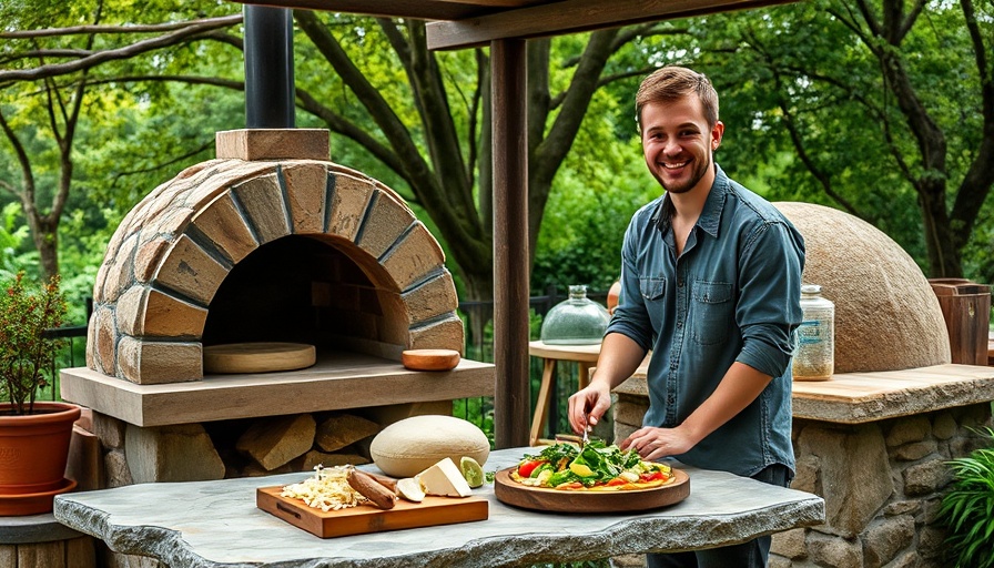 Young man preparing pizza by a backyard pizza oven with ingredients.