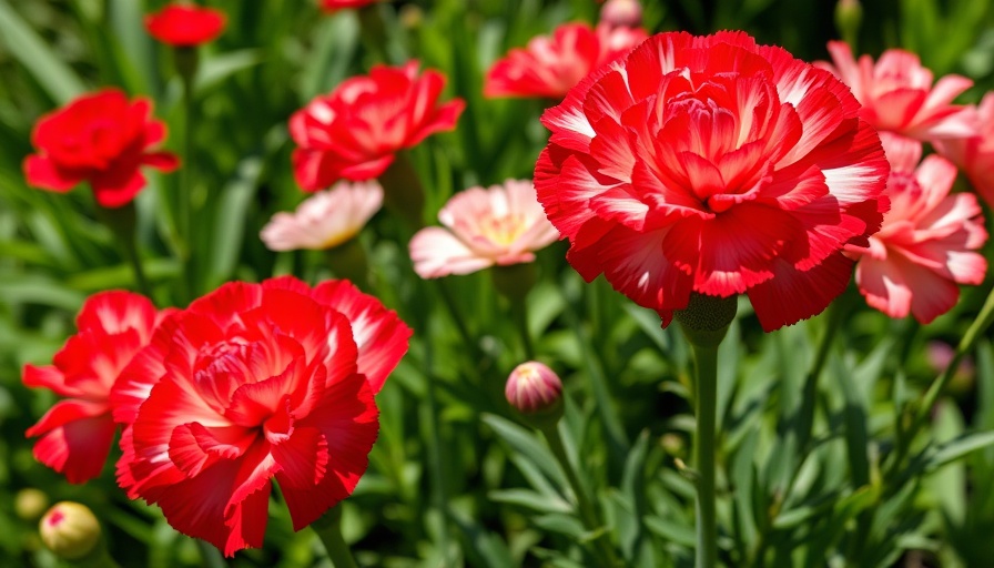 Vibrant red and white carnations growing in a lush garden.