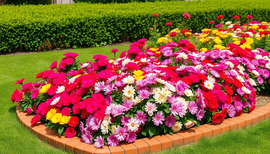 Colorful garden with brick garden edging and vibrant flowers.