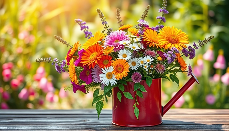 Vibrant wildflowers in a red watering can, perfect for a seasonal cut flower garden.