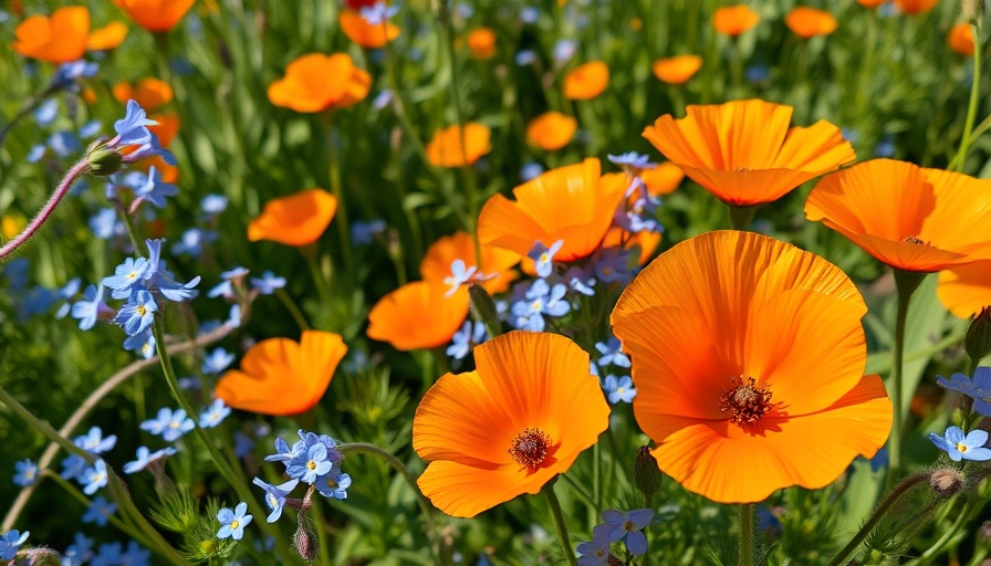 Vibrant flowers for a chaos garden in clay soil with poppies and blue blooms.