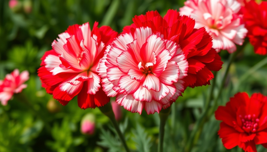 Carnation growing tips: vibrant red and white blooms in a garden.