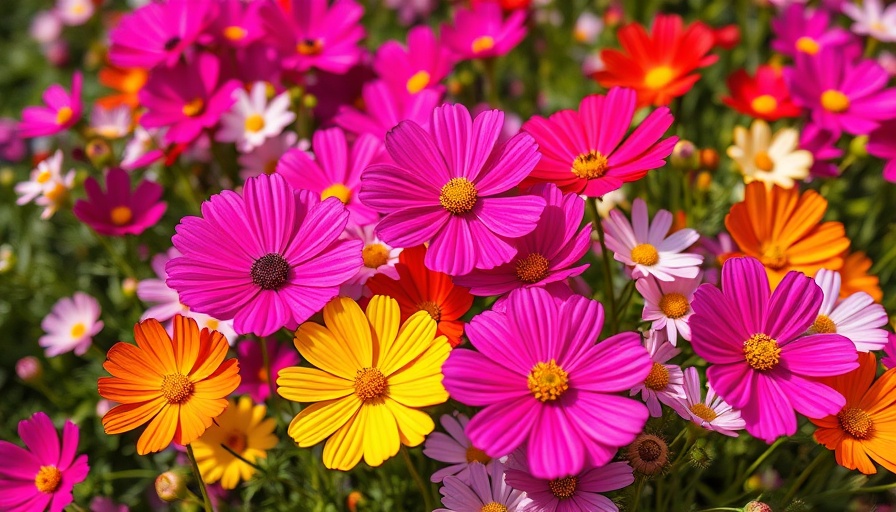 Colorful cosmos flowers in a vibrant chaos garden setting.