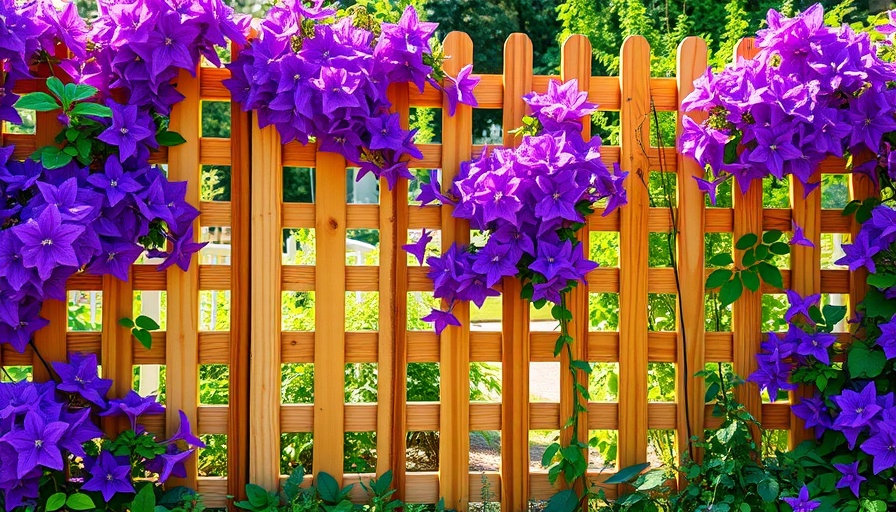 Living privacy fence ideas Long Island: Wooden lattice with purple flowers.