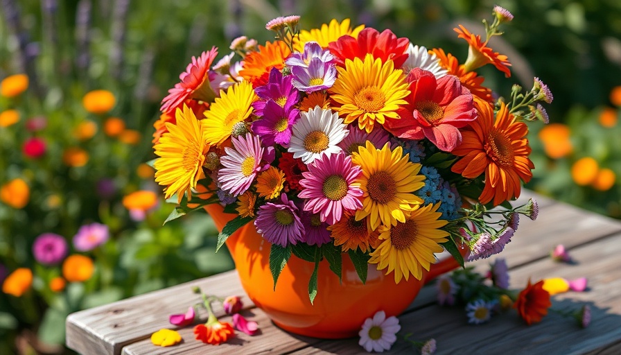 Vibrant bouquet in teapot showcases low maintenance flowers for a cut garden.