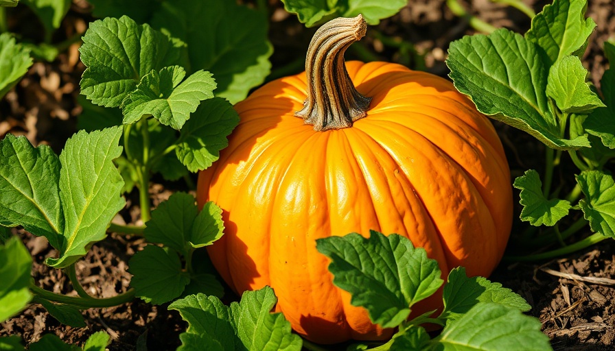 Vibrant pumpkin growing in raised beds with green leaves.