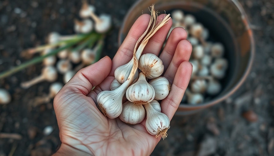 Garlic cloves for planting in a weathered hand, blurred bucket behind.