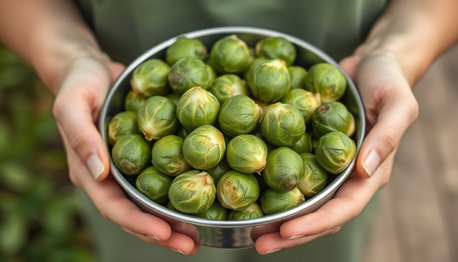 Fresh Brussels sprouts in a bowl held by hands, outdoors.