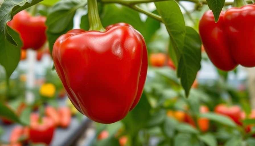 Ripe red bell pepper in a garden. Growing Vegetables on Long Island.